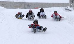 Sivas'ta çocuklar karda poşet ve tepsilerle kayarak yılbaşı tatilinin keyfini çıkardı