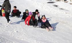 Sivas'ta çocuklar tatilin keyfini tepsi, poşet ve kızaklarla kayarak çıkardı
