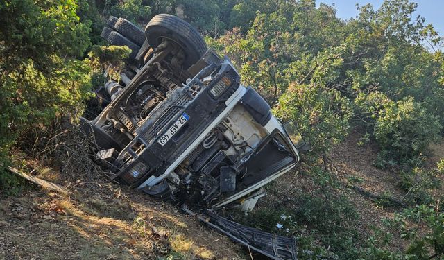 Eskişehir'de yol kenarına devrilen beton mikserinin sürücüsü yaralandı