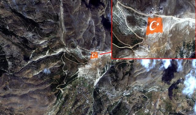 Kahramanmaraş Ahır Dağı zirvesine işlenen Türk bayrağı, Göktürk-1 uydusunun kamerasına yansıdı